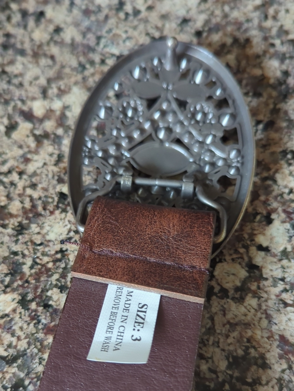 Women’s Brown Laser-Cut Belt with Decorative Jeweled Oval Buckle - Picture 4 of 4